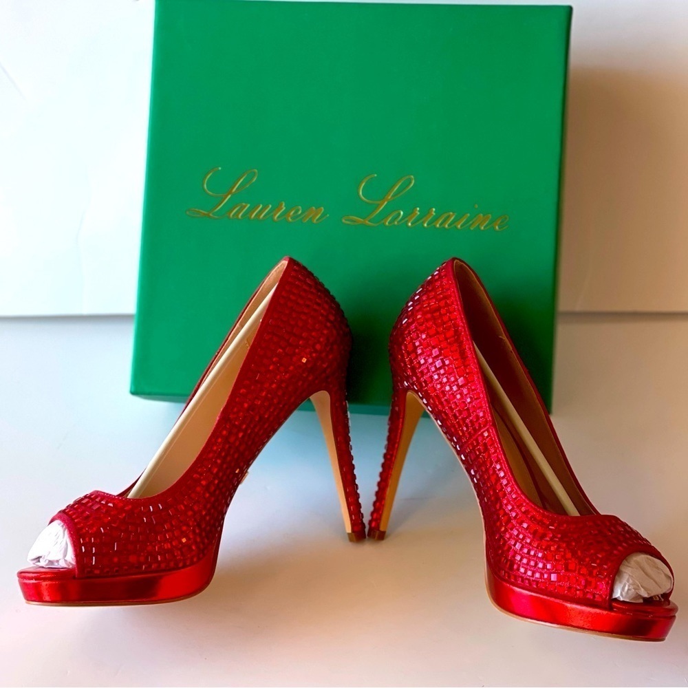 Lauren Lorraine Red Rhinestone Stiletto Heels Bridal Prom Formal Dress Pump 8.5M